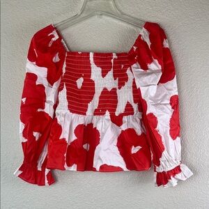 CROSBY by mollie Burch poppy Shelby red and white print smocked peplum top NWT